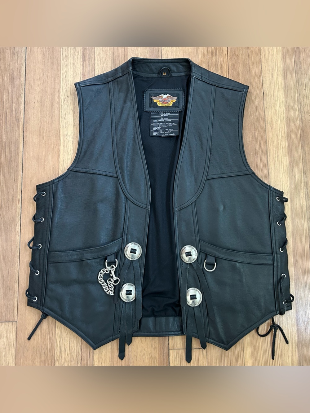 Harley Davidson Black Leather Chain Sides Chain Men's Sz M LongHorn Chapter